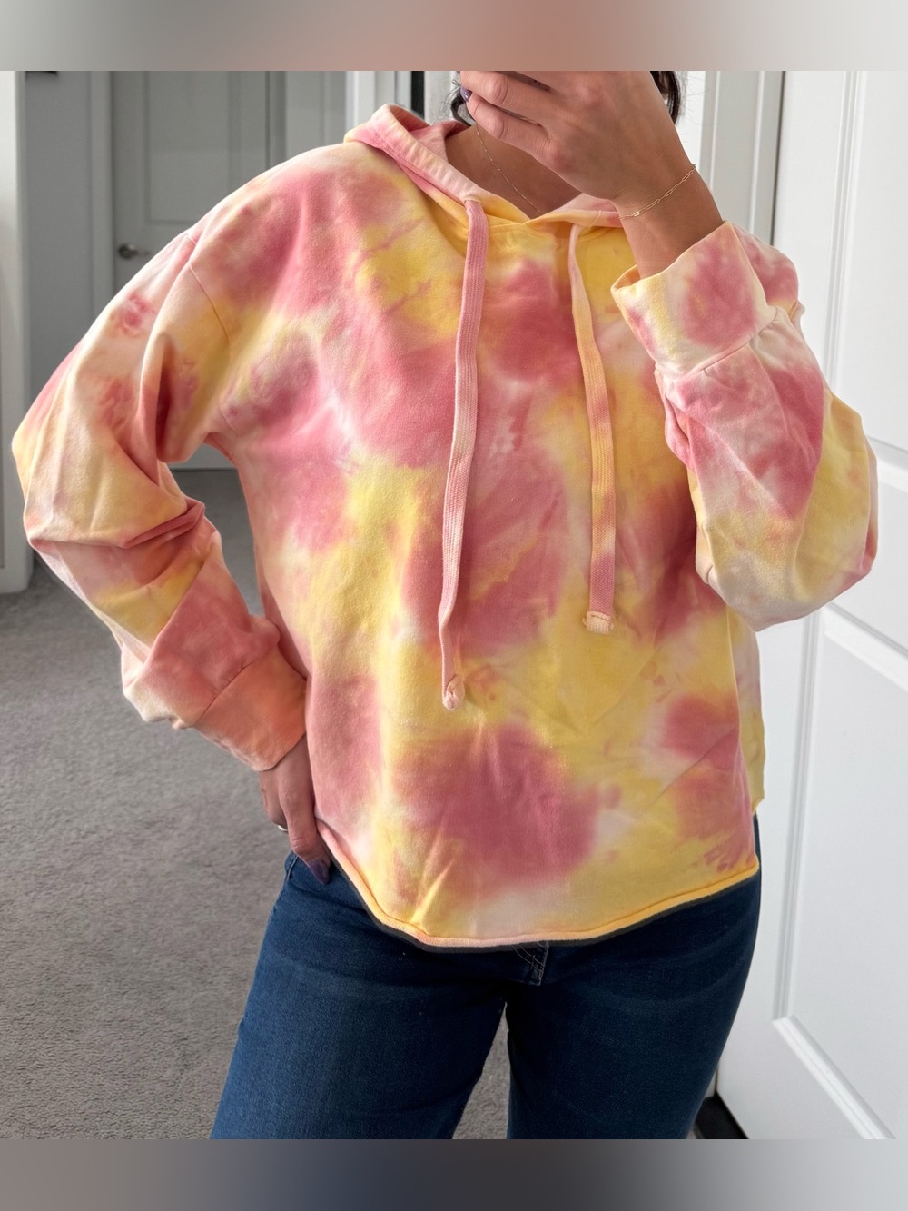 women’s pink and yellow tie-dye hoodie sweater in size L